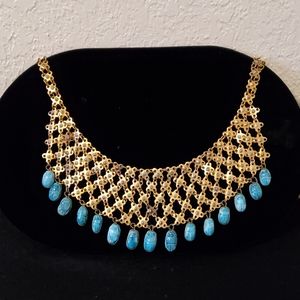 Bib Necklace Egyptian Faience Scarab Beads Brass Turquoise Enamel Hand Crafted